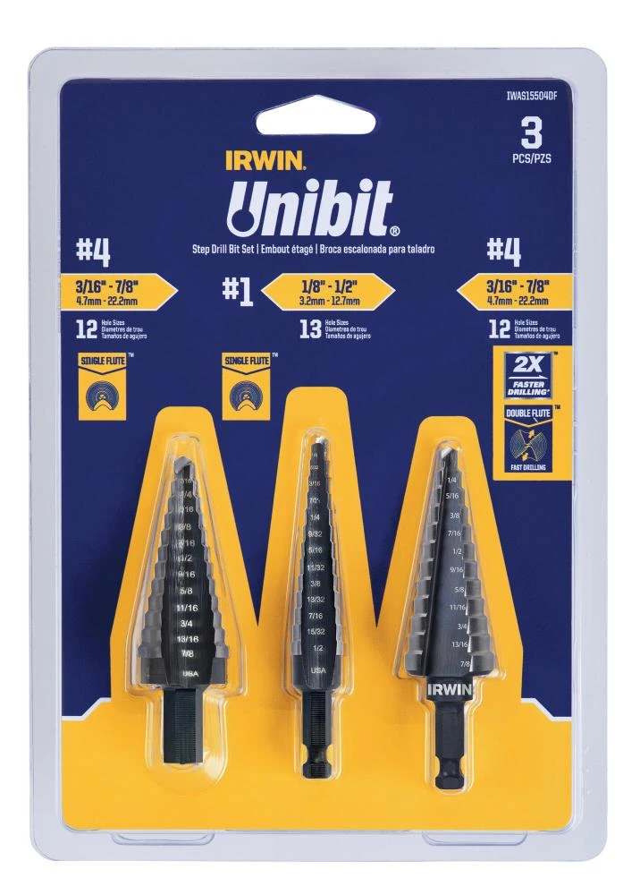 IRWIN Step Drill Bits Unibit 3PC STP BT Set #1 #4 #4 3 IRWIN Step Drill Bits Unibit 3PC STP BT Set #1 #4 #4